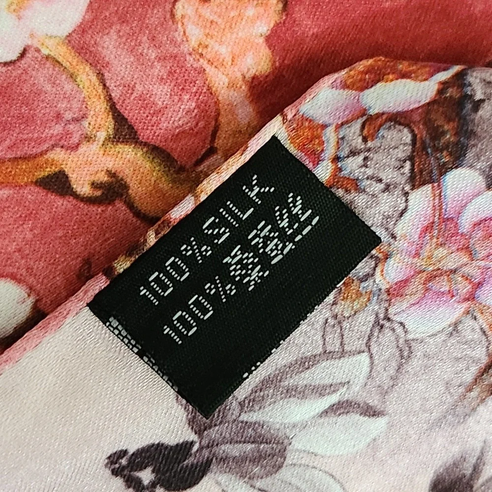 100% Silk Reversible Floral Scarf Pink Red Blossom Tree Branches Long Wrap 66x18